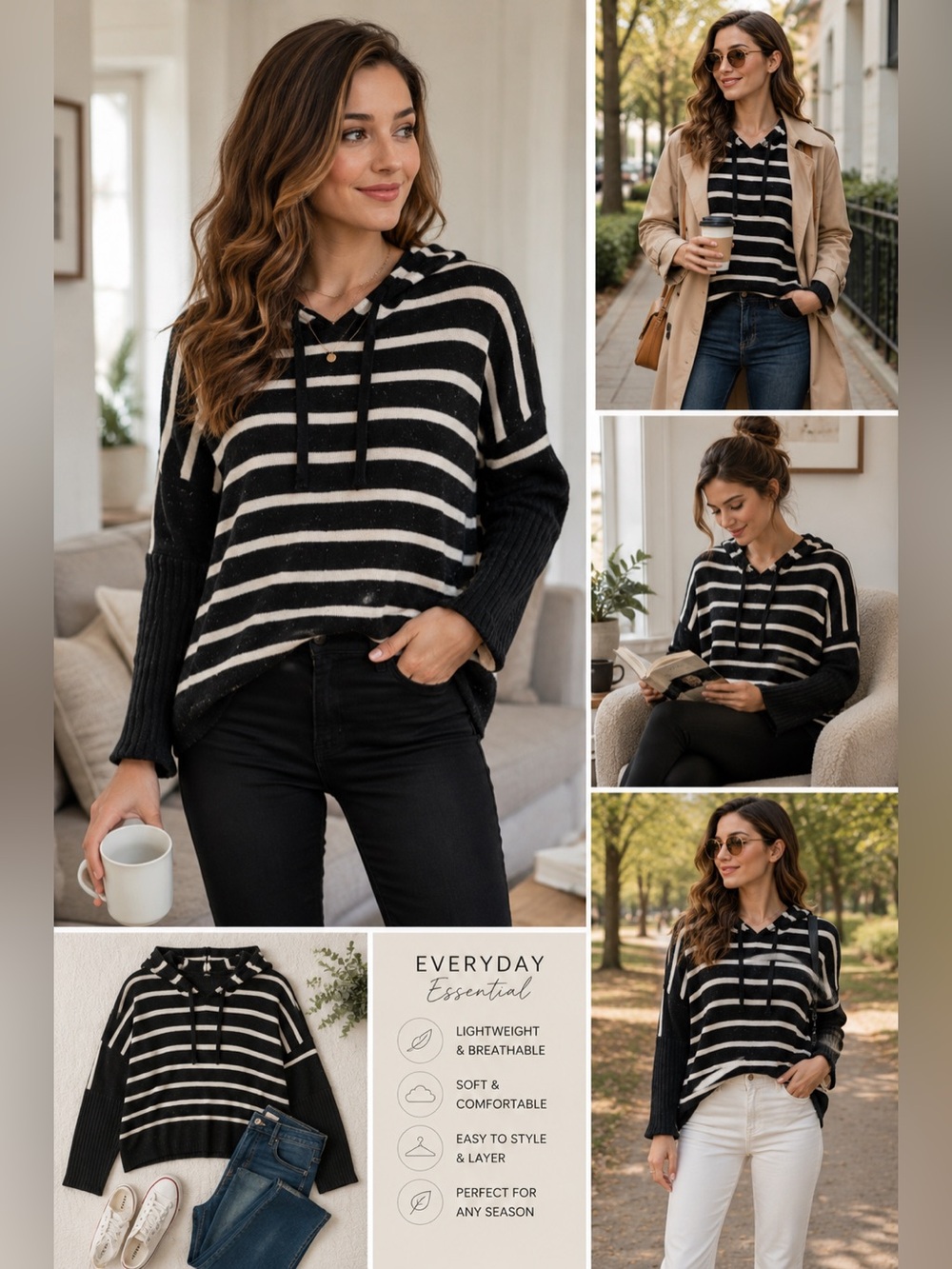 LOFT Striped Hooded Sweater Black White Coastal‎ Chic Lightweight Pullover XS